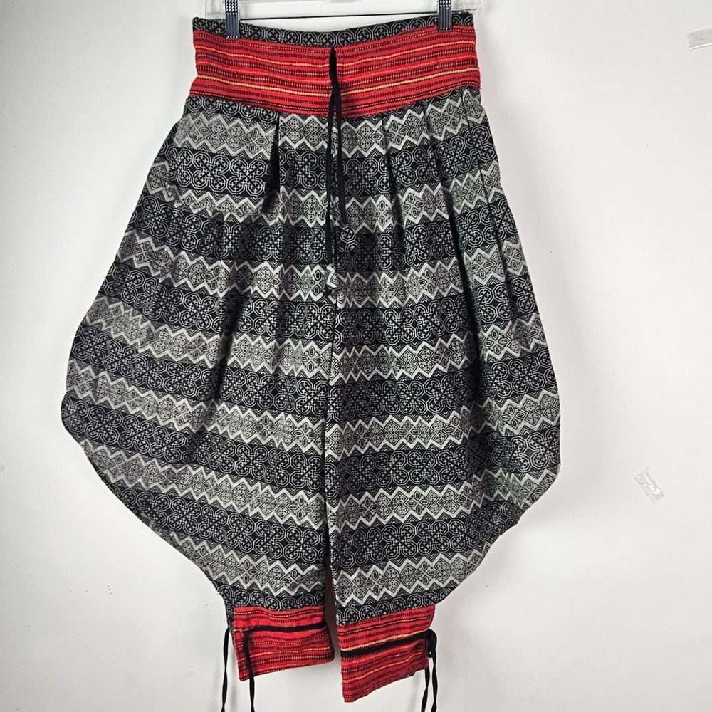 Hmong Tribal Harem Pants Red Black White Geometric Drop Crotch Cotton Thailand